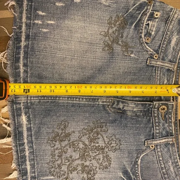 Y2K R4R Rave Jeans Blue Denim Mini Skirt Embroidered Distressed sz 3 - Picture 9 of 10